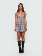 Out Of Nowhere Halter Mini Dress Burgundy / Pink Check