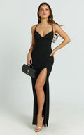 Loralie Maxi Dress - V Neck Low Back Bodycon Dress in Black