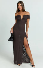 Alessia Maxi Dress - Off Shoulder Ruched Bodycon Dress in Chocolate