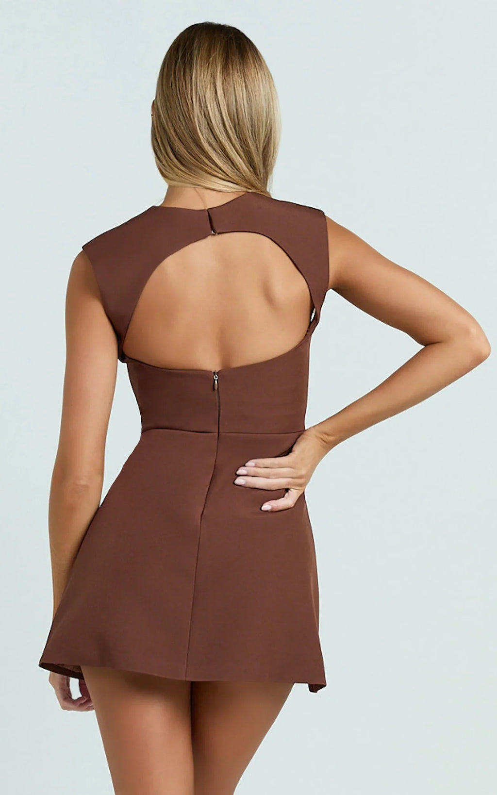 Sakura Mini Dress - Square Neck Wide Strap Corset Waist A Line Skirt Dress in Chocolate