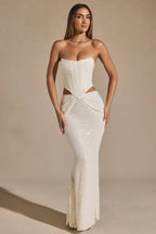 Embellished Cut-Out Draped Corset Gown in White
