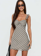 Zayliah Frill Detail Mini Dress Wine Check