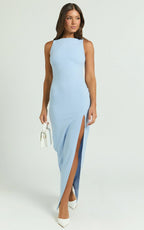 Indi Maxi Dress - Boat Neck Bodycon Dress in Light Blue