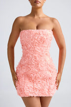 Floral-Appliqué Bandeau A-Line Mini Dress in Coral