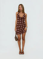 Karolie Halter Plunge Mini Dress Brown / Lilac Polka Dot