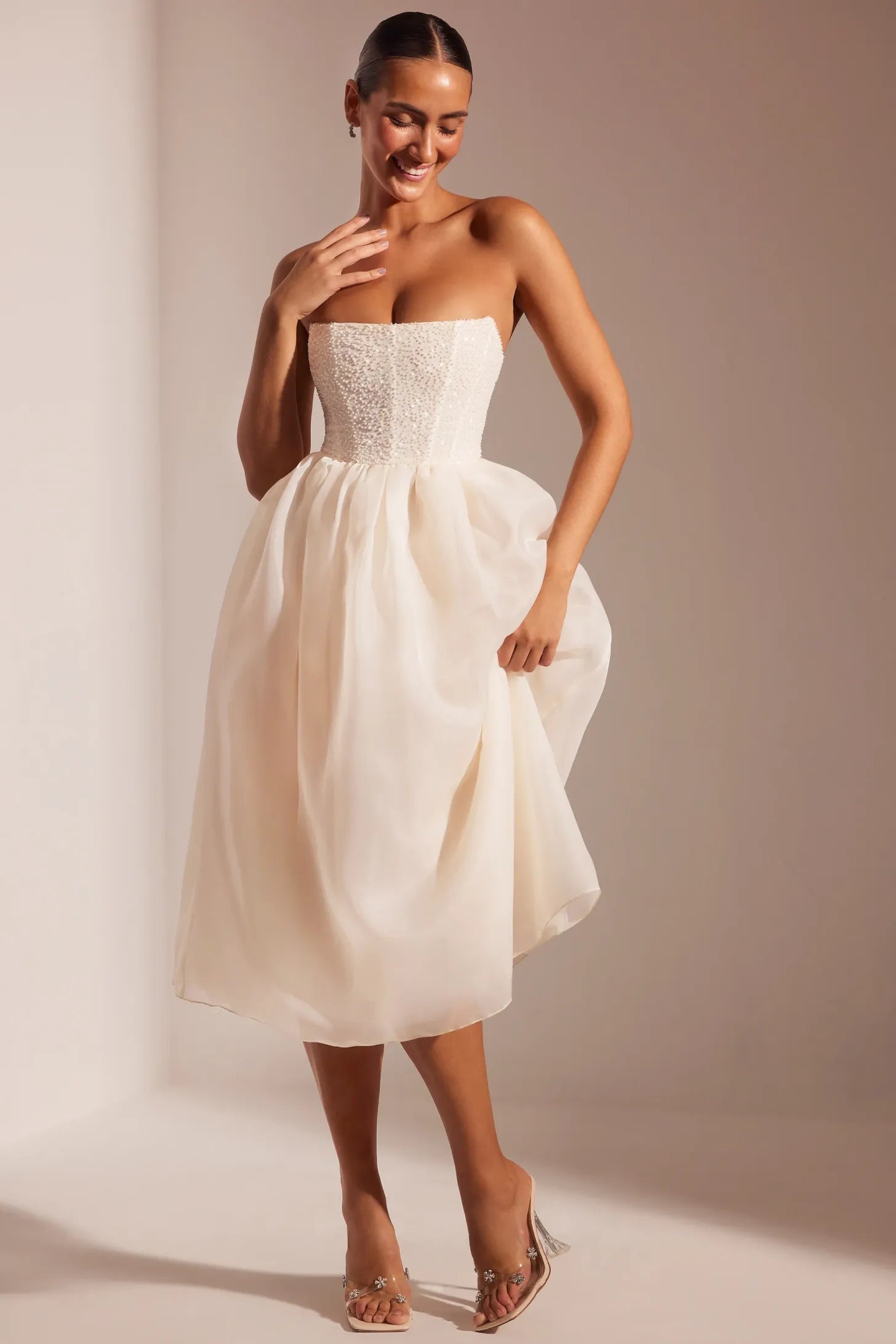 Embellished Corset Tulle Skirt Midi Dress in Blush
