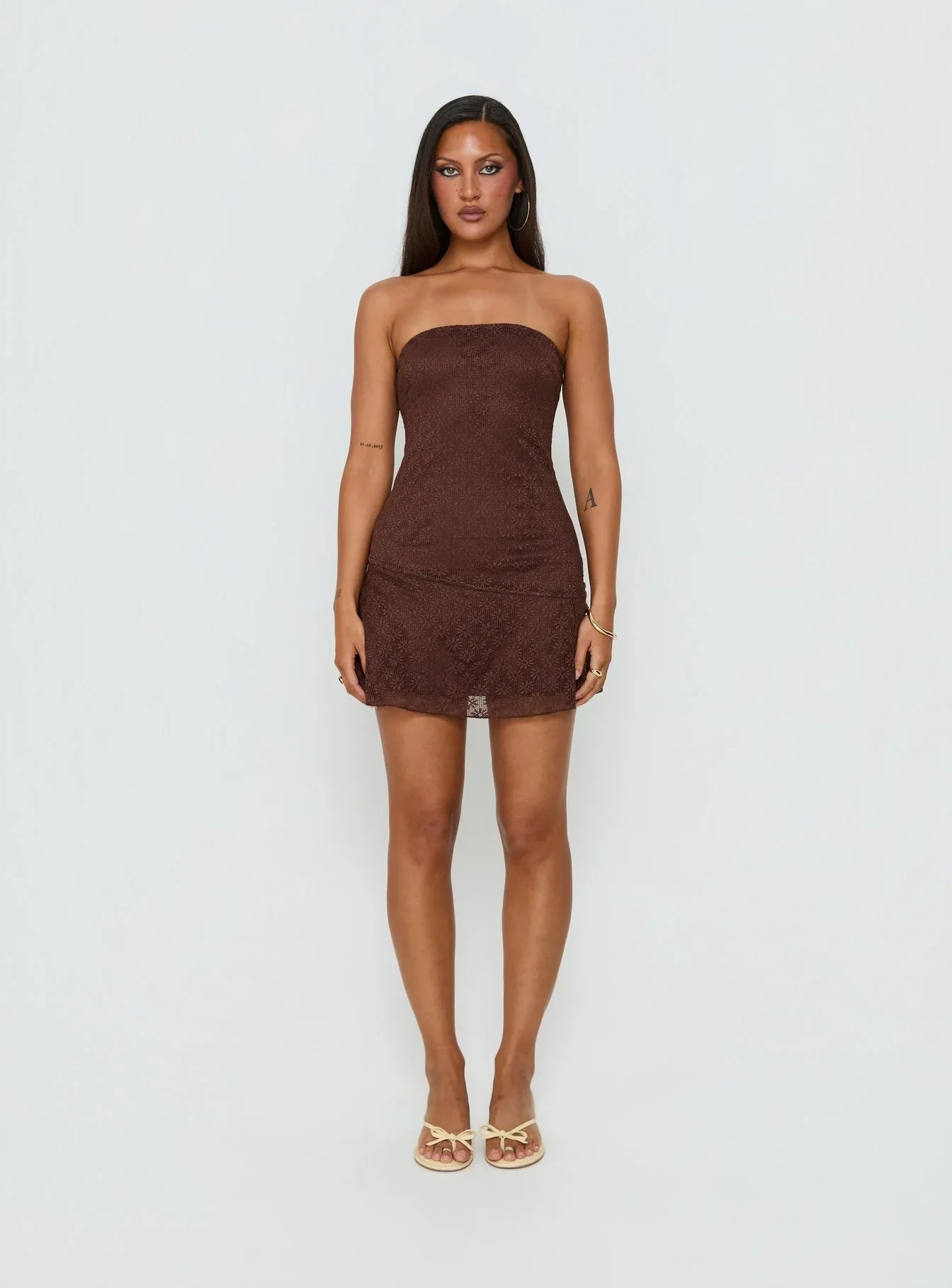 Cavalier Strapless Lace Mini Dress Chocolate
