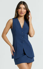 Francine Two Piece Top and Skirt Set - Longline V Neck Top And High Waist Mini Skirt Set in Navy