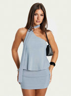 Close Up Sparkle One Shoulder Mini Dress Blue