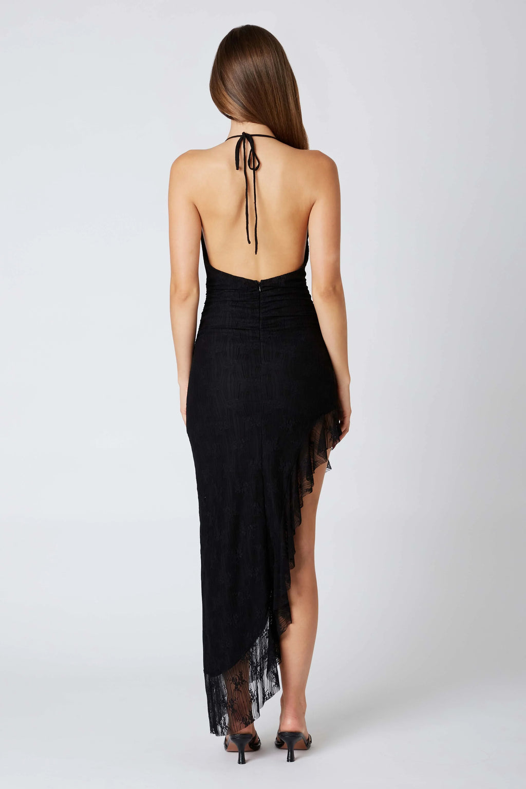 Lace Halter Asymmetrical Midi Dress