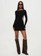 Rowin Long Sleeve Cut Out Mini Dress Black
