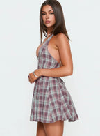 Out Of Nowhere Halter Mini Dress Burgundy / Pink Check