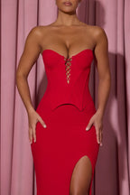 Lace-Up Corset Fishtail Maxi Dress in Red