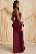 Bow-Detail Ruched Maxi Dress in Wine Red