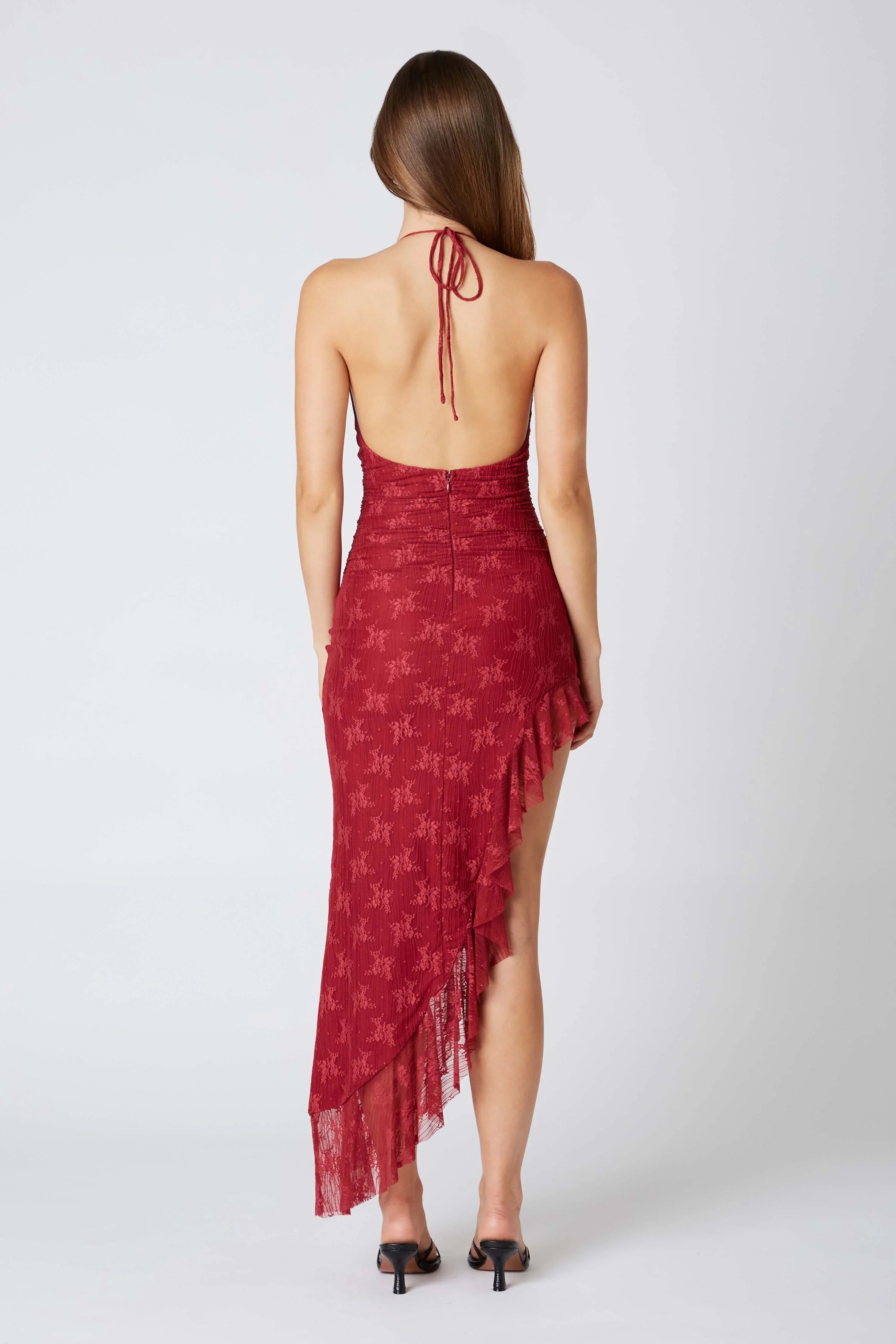 Lace Halter Asymmetrical Midi Dress