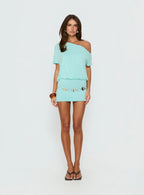 Jamelle Off Shoulder Mini Dress Aqua Blue