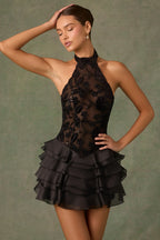 Embellished Ruffled Halterneck Mini Dress in Black