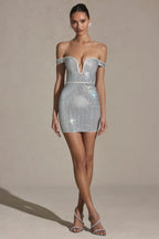 Embellished Off-Shoulder Mini Dress in White