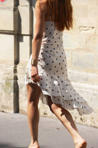 Asymmetric Frill Midi Dress | Ivory Polka