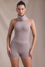 Ribbed-Knit Turtleneck Backless Top in Taupe