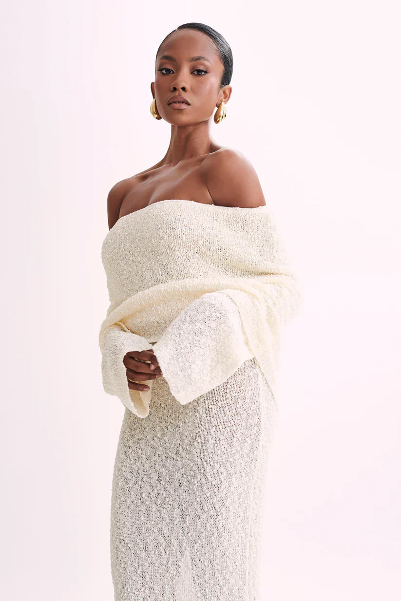 Off-Shoulder Ribbed Bouclé Maxi Dress with Flared Sleeves