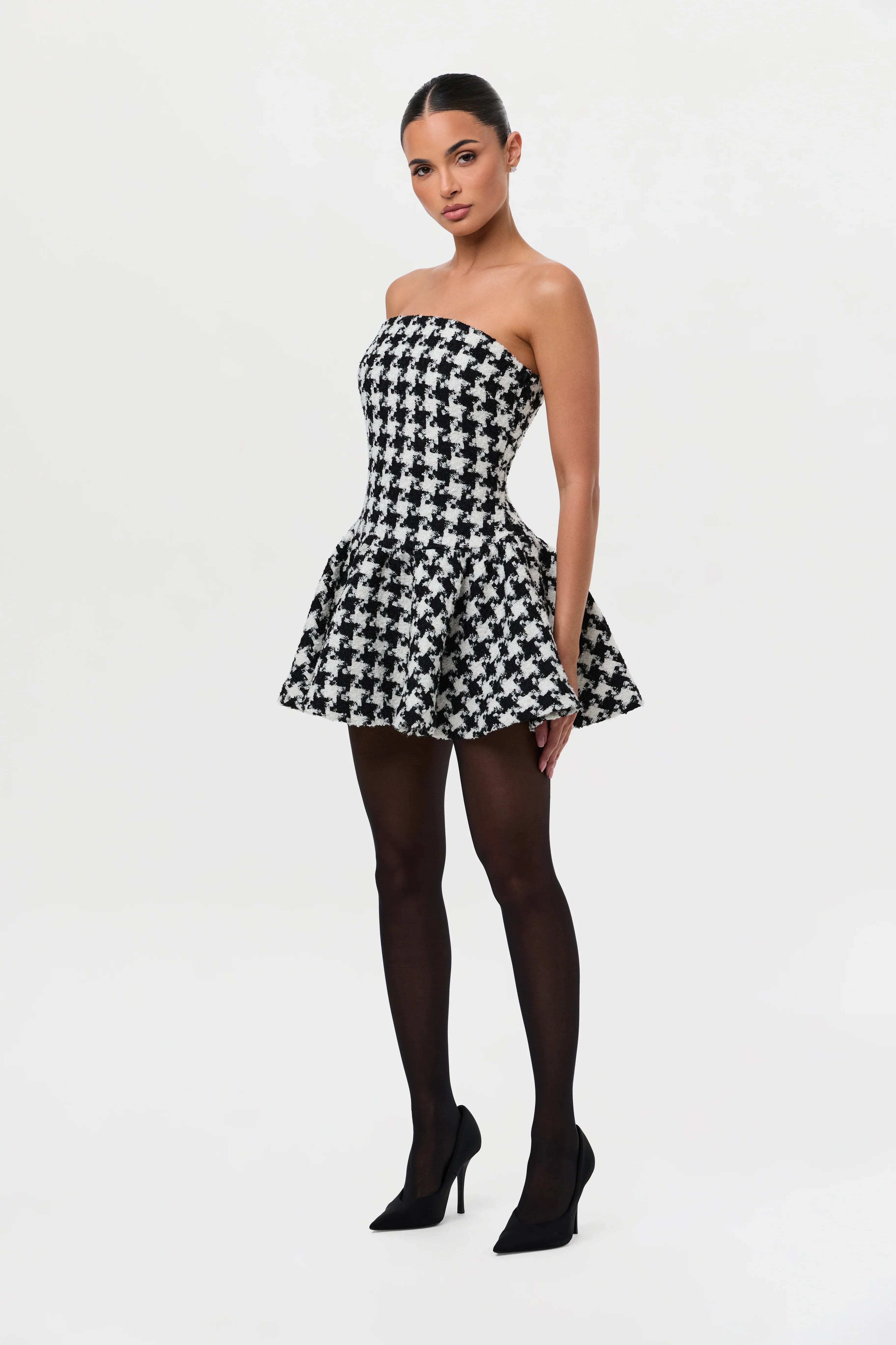 Houndstooth Peplum Tube Mini Dress