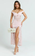 Tatum Midi Dress - Lace Off Shoulder Side Split Dress in Pink