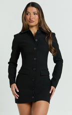 Belle Mini Dress - High Neck Collar Long Sleeve Button Front Fitted Shirtdress in Black