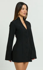 Layton Mini Dress - V Neck Long Sleeve Button Front Tulip Skirt Dress in Black
