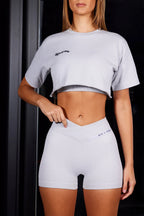 High Waist Cross Over Ribbed Mini Shorts in Grey