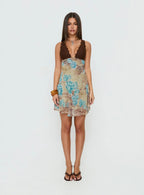 Edeni Lace Splice Halter Mini Dress Multi