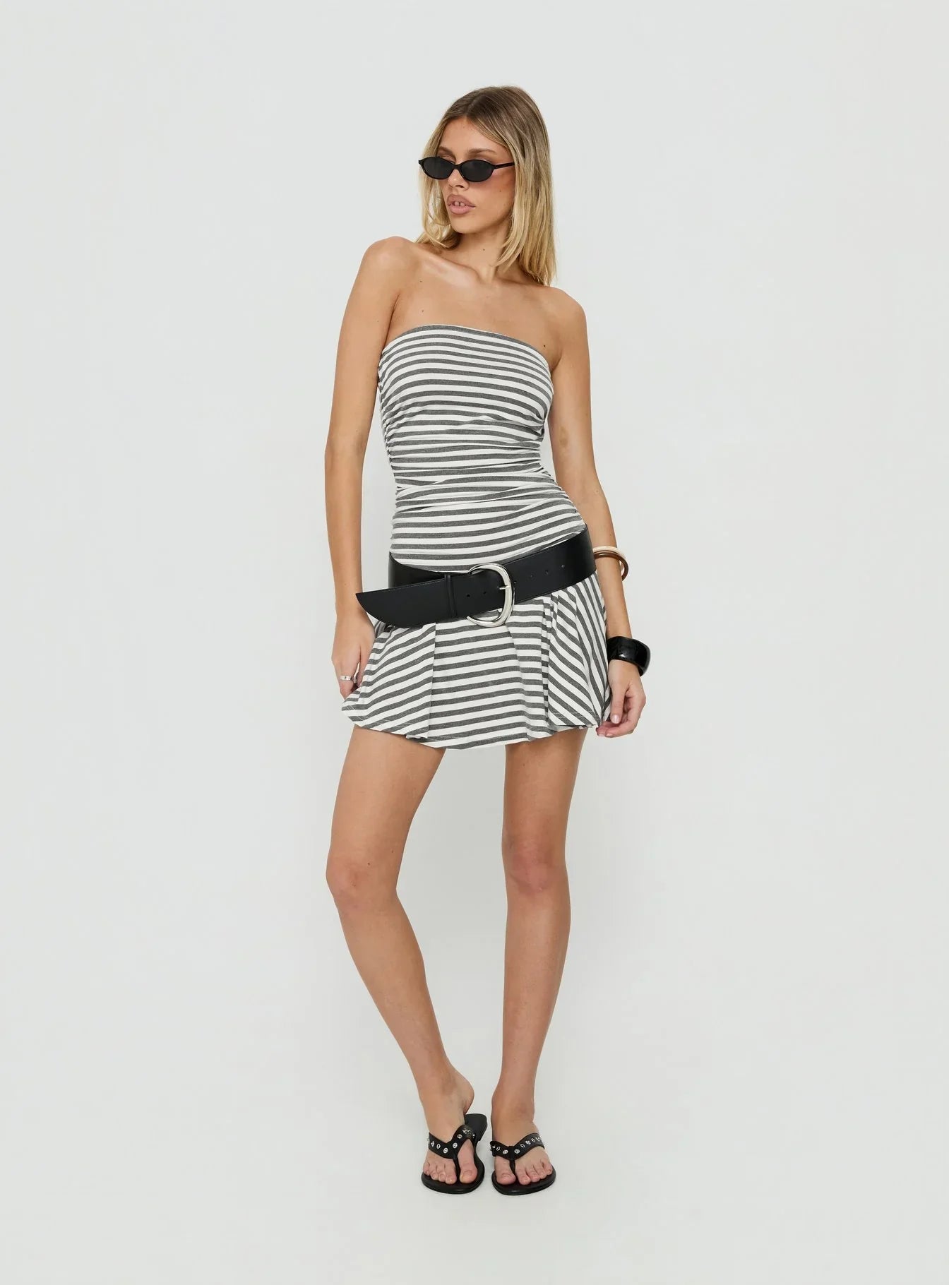 Laynuh Strapless Ruched Mini Dress Grey / White Stripe