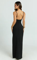 Loralie Maxi Dress - V Neck Low Back Bodycon Dress in Black
