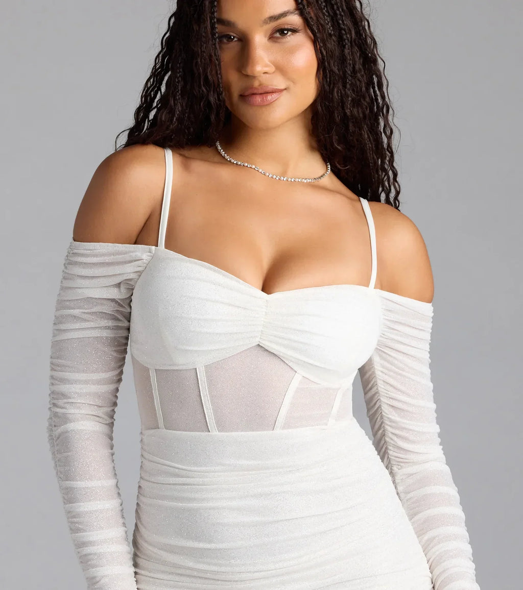 See Me Shining Glitter Off-The-Shoulder Mini Dress