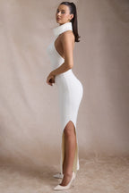 Ribbed-Knit Turtleneck Backless Maxi Dress in Ivory
