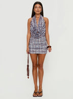 Devora Halter Plunge Mini Dress Blue Plaid Multi