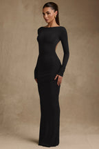 Modal Ruched Backless Maxi Dress in Black
