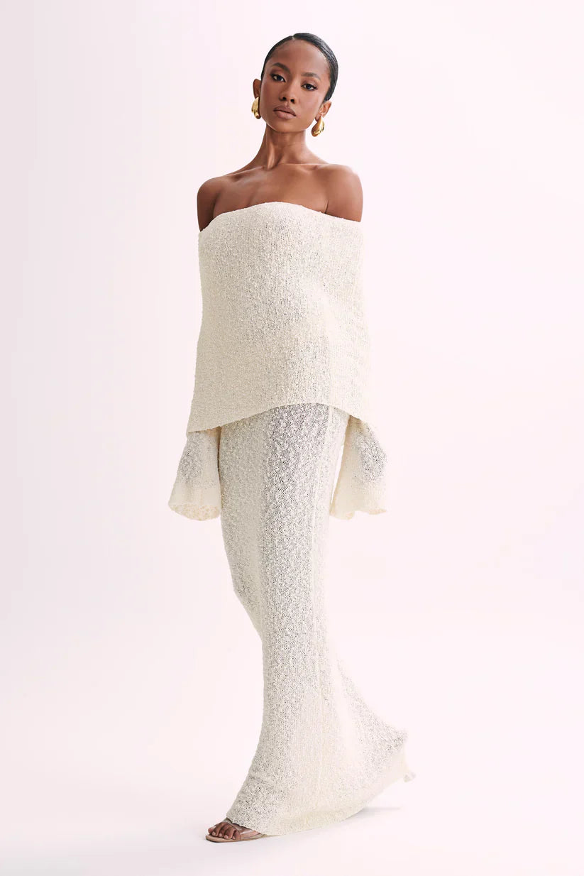 Off-Shoulder Ribbed Bouclé Maxi Dress with Flared Sleeves