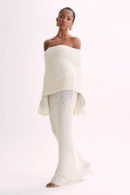 Off-Shoulder Ribbed Bouclé Maxi Dress with Flared Sleeves