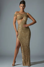 Embellished Asymmetric Cut-Out Gown in Gold