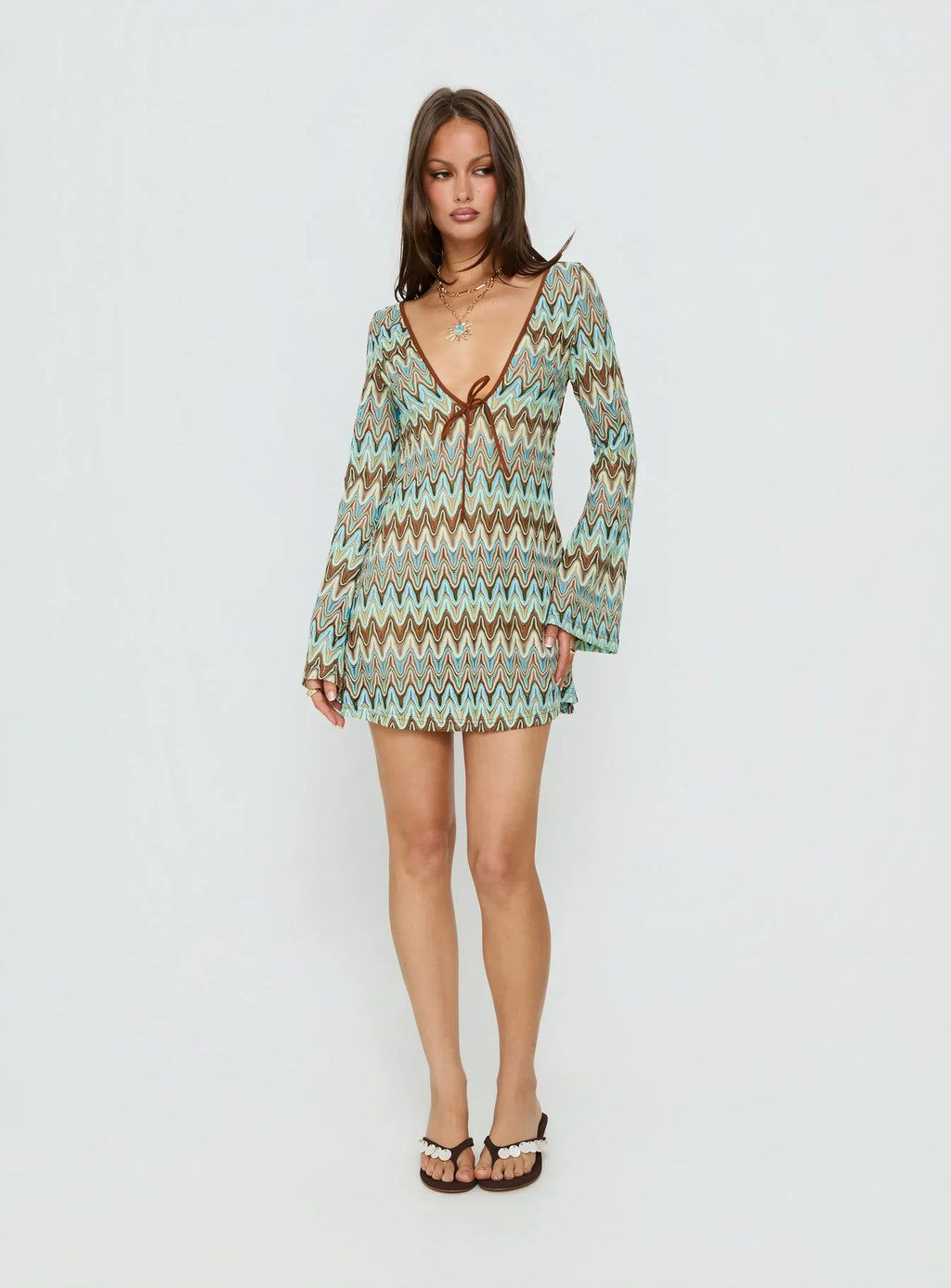 Rizario Long Sleeve Crochet Mini Dress Blue Multi