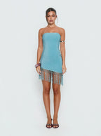 Keyana Strapless Tassel Mini Dress Blue Shimmer