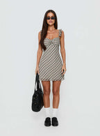Zayliah Frill Detail Mini Dress Wine Check