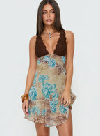 Edeni Lace Splice Halter Mini Dress Multi