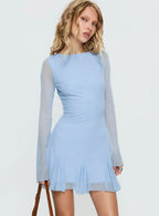 Evita Long Sleeve Pleat Mini Dress Sky Blue