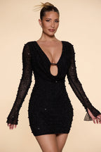 Long Sleeve Deep Plunge Mini Dress in Black