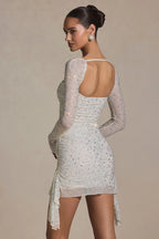 Embellished Draped Cowl-Neck Mini Dress in White