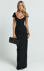 Veronika Maxi Dress - Off Shoulder Plunge High Split Dress in Black