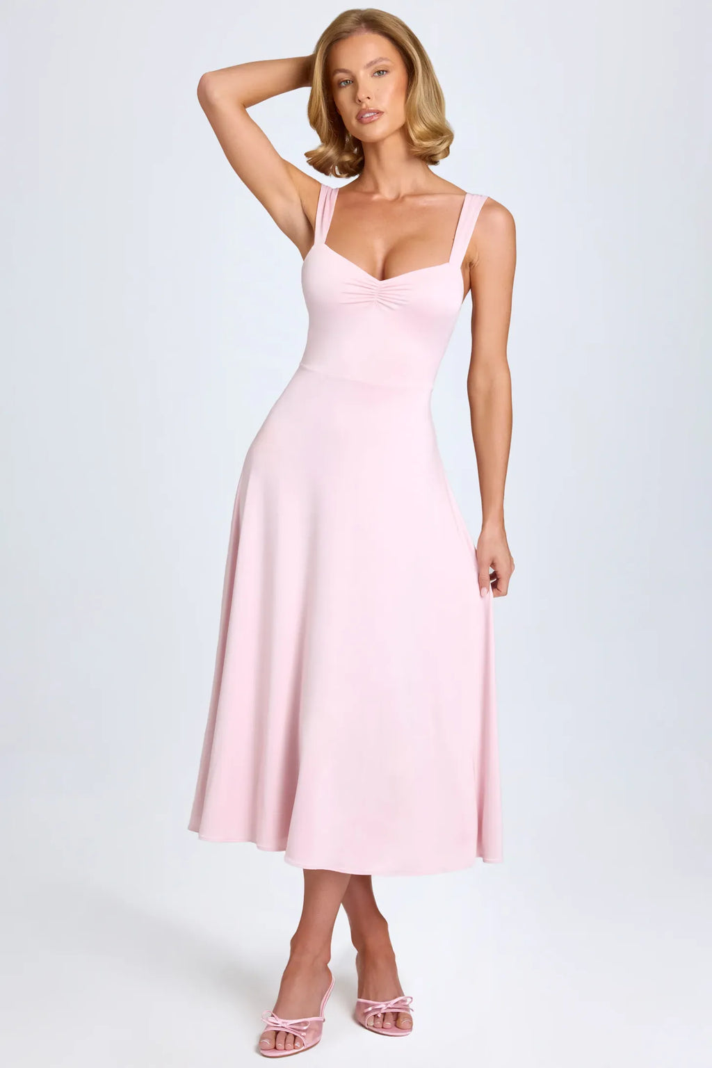 Sweetheart-Neck Ruched Midaxi Dress in Light Blue