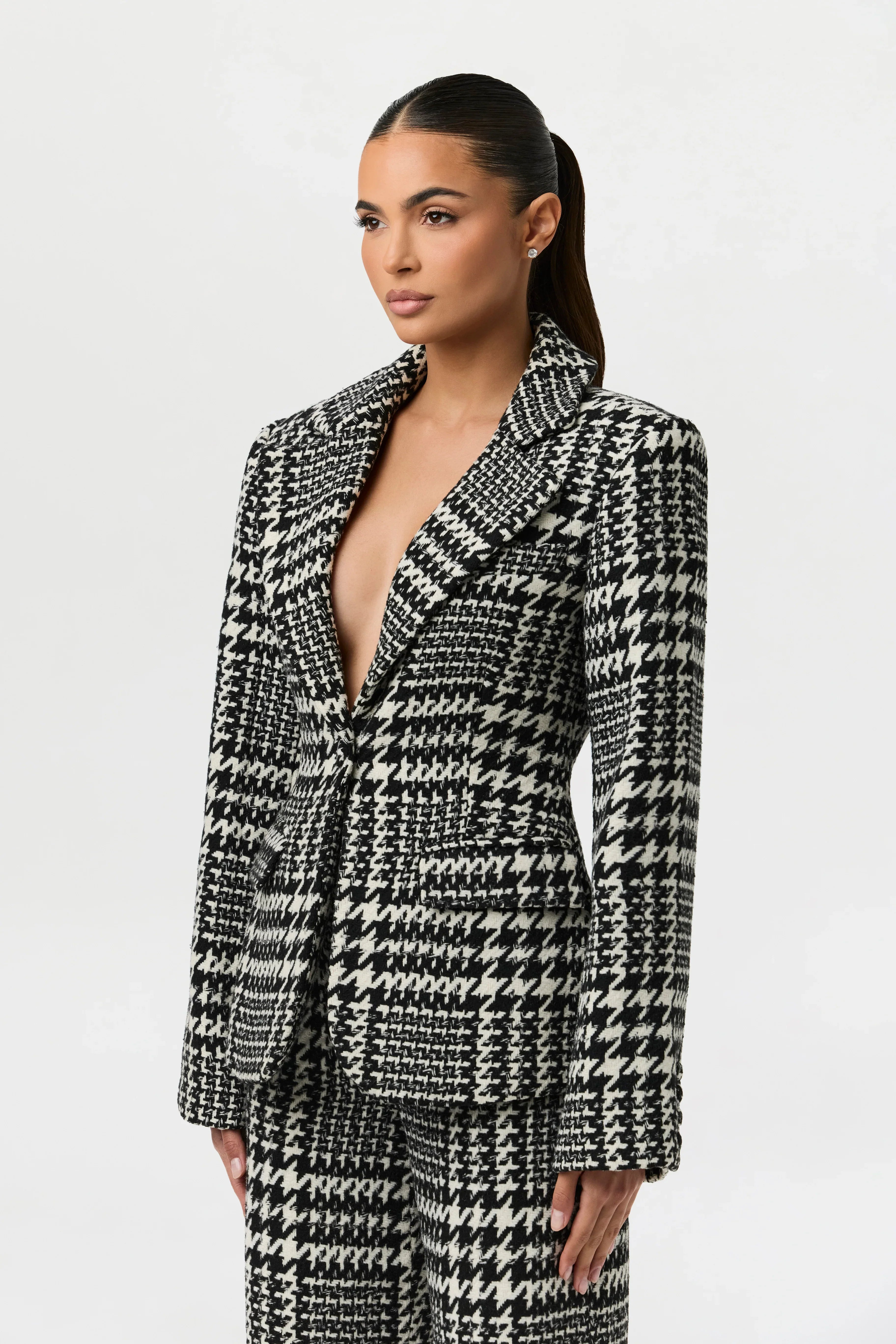 Houndstooth Plaid Wide-Leg Pants